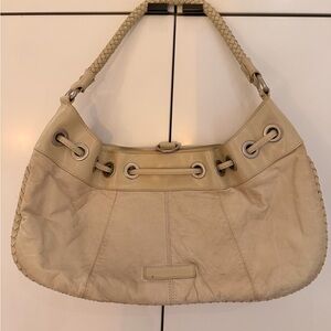 BCBG Cream Hobo Bag, Woven Handle, Silver Hardware